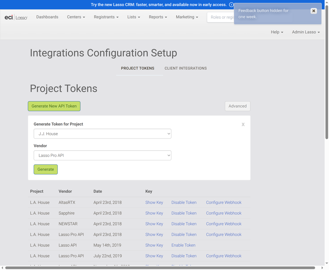 Generate Token for Project form with a project selected and Vendor set to Lasso Pro API