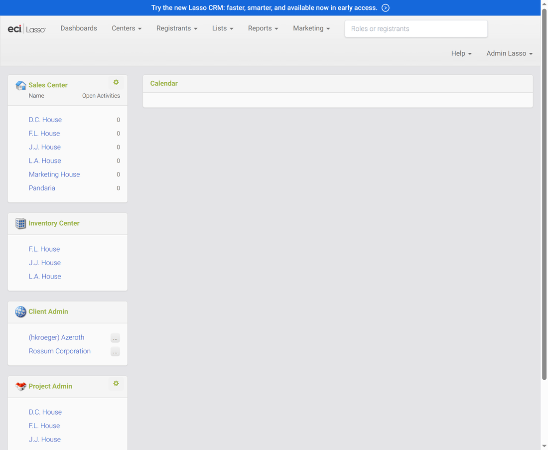 Lasso home screen after login, with Sales Center, Inventory, Client Admin, and Project Admin cards