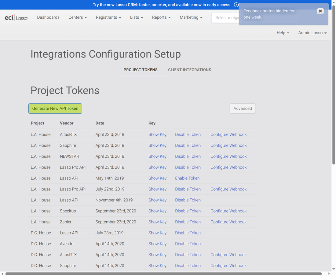 Integrations Configuration Setup with the Project Tokens tab and a table of existing tokens